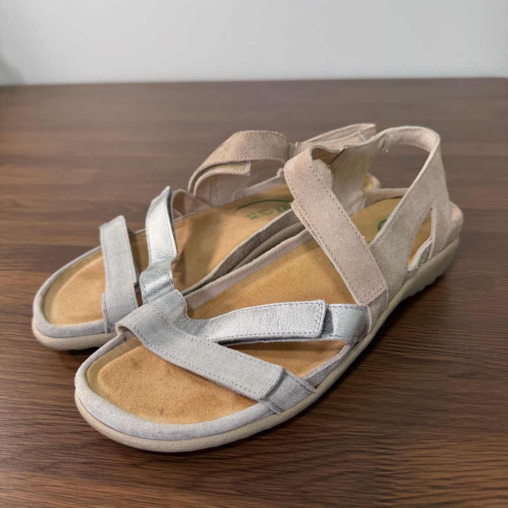 Naot Women Silver Beige Leather Suede Strappy Sandals Size 38 L7